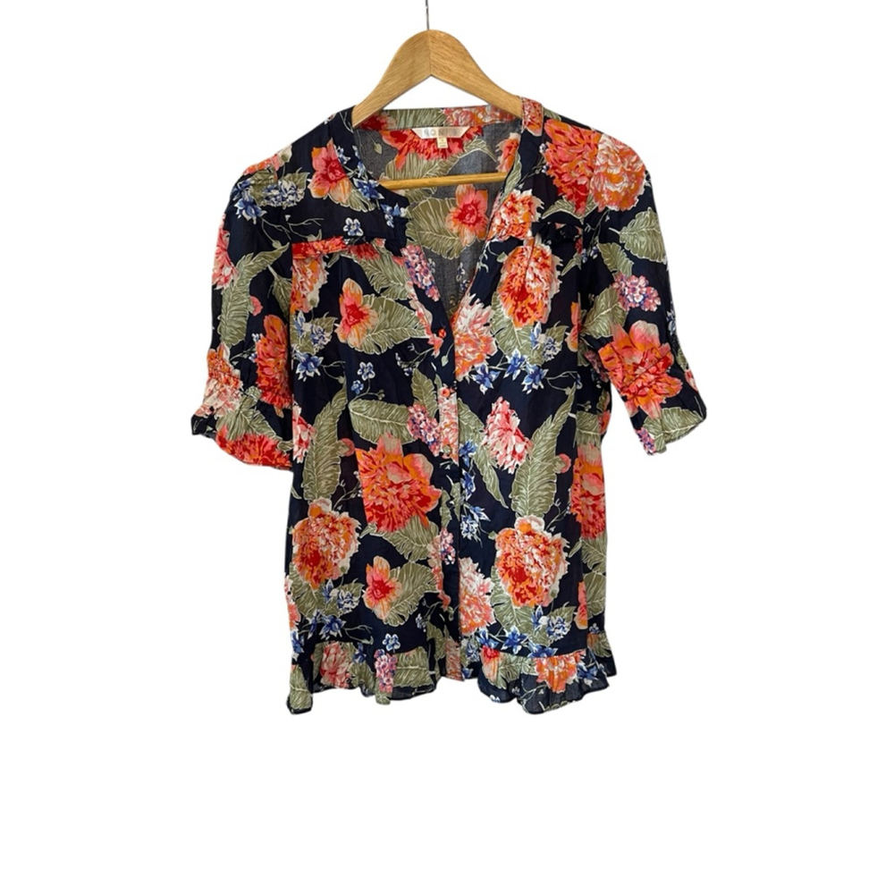 Floral Printed Button Up Ruffle Bottom Mid Sleeve Blouse Top 12